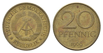 ГДР 20 пфеннигов 1969 A, первый год KM 11 латунь 3459-757