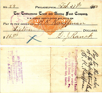 США чек на 16 долларов 1900 Филадельфия бумага 3295-56-2-2