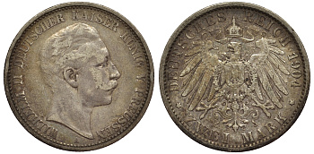 Пруссия 2 марки 1904 A, Вильгельм II (1888-1918) J.102, Weege 101, KM 522 серебро 02-014-26