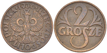 ПОЛЬША 2 ГРОША 1936 w KM 9a, Parchimowicz 102k бронза 4181-1161