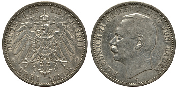 Баден 3 марки 1911 Фридрих II (1907-1918) J. 39, KM 280 серебро    3711-1713