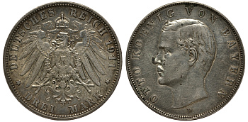 Бавария 3 марки 1911 Отто (1886-1913) Weege 45, J. 47, KM 515 серебро 3711-2031