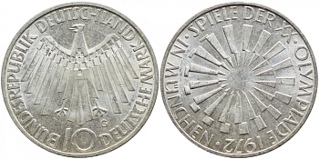 ФРГ 10 МАРОК 1972 G, ОЛИМПИАДА, СПИРАЛЬ KM 134.1, J.401b серебро UNC 1520-1423