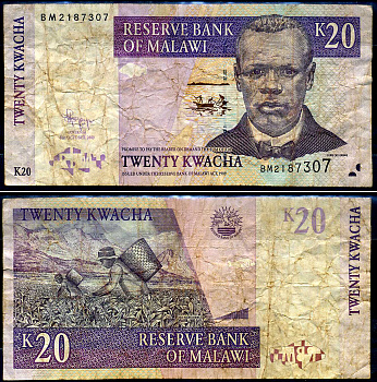 Малави 20 квача 2009 Джон Чилембве, озеро Малави, сбор чая Pick 52 d бумага 8592-1-3-1