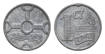 Нидерланды 1 цент 1941 Вильгельмина (1890-1948) KM 170 цинк 4674-1165