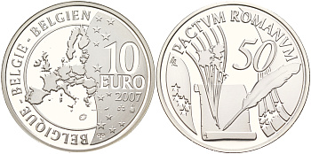 Бельгия 10 евро 2007 50 лет Римскому договору KM 260 серебро PROOF 01-234-25