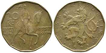 Чехия 20 крон 1993 чешский лев, герцог Вацлав на коне KM 5 сталь плакированная латунью 4364-4451