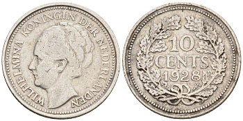 Нидерланды 10 центов 1928 Вильгельмина I (1890-1948) КМ 163 серебро 4547-842