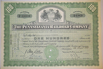США, The Pennsylvania Railroad Company 100 акций 1948 бумага 8805-68-1