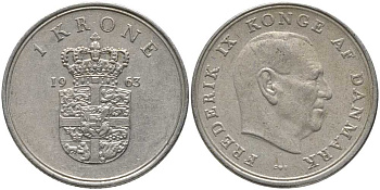 ДАНИЯ 1 КРОНА 1963 C;S, ФРЕДЕРИК IX (1947-1972) KM 851.1 медно-никель 113-854