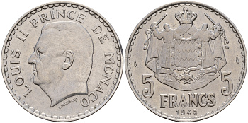 Монако 5 франков 1945 Луи II (1922-1949) KM 122 алюминий    4599-426