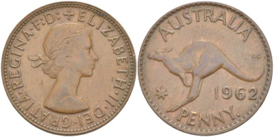 АВСТРАЛИЯ 1 ПЕННИ 1962 р, ЕЛИЗАВЕТА II (1953-), КЕНГУРУ KM 56 бронза 4389-314
