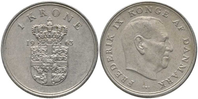 ДАНИЯ 1 КРОНА 1963 C;S, ФРЕДЕРИК IX (1947-1972) KM 851.1 медно-никель 113-854