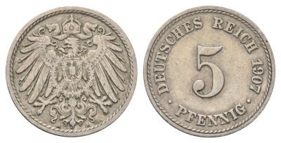 Германия 5 пфеннигов 1907 A KM 11, J. 12 медно-никель 4701-1039
