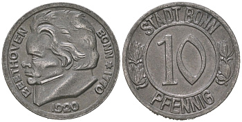 Бонн 10 пфеннигов 1920 Бетховен, Северный Рейн-Вестфалия, нотгельд Funck 51.1A, Men05 3220.1, Men18 4134.1 железо 84-354