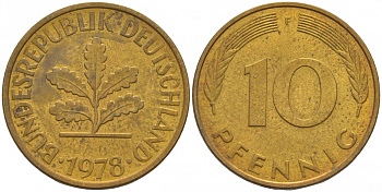 ФРГ 10 ПФЕННИГОВ 1978 F KM 108, J.383 сталь плакированная латунью 4548-823