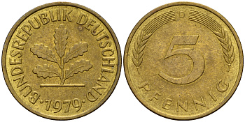 ФРГ 5 пфеннигов 1979 D J.382, KM 107 сталь плакированная латунью    4598-1021