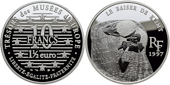 Франция 10 франков = 1 1/2 евро 1997 серия сокровища музеев Европы, “Поцелуй” Климта KM 1299 серебро PROOF 1076-9-61