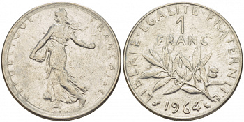 Франция 1 франк 1964 сеятель KM 925.1, Le Franc 226.8 никель 4402-1115