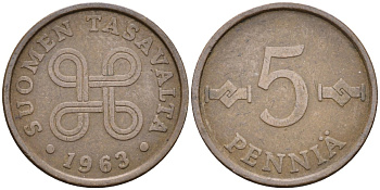 Финляндия 5 пенни 1963 KM 45 медь 4585-923