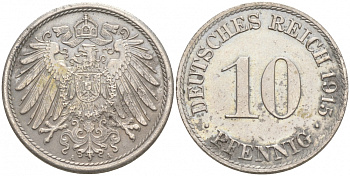 ГЕРМАНИЯ 10 ПФЕННИГОВ 1915 A J. 13, KM 12 медно-никель 73-1611