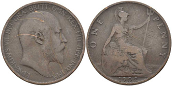 Великобритания 1 пенни 1902 Эдуард VII (1901-1910) KM 794.1, Sp 3990A бронза 111-1216