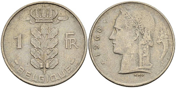 БЕЛЬГИЯ 1 ФРАНК 1960 BELGIQUE KM 142.1 медно-никель 4546-445