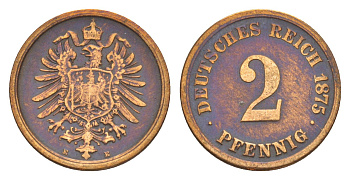 Германия 2 пфеннига 1875 E, Вильгельм I (1871-1888) KM 2, J. 2, Weege 3 медь 4639-1165