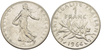 Франция 1 франк 1964 сеятель KM 925.1, Le Franc 226.8 никель 4402-1115