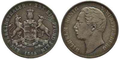 Вюртемберг 1 талер 1864 Вильгельм I (1816-1864) KM 601, J. 83, AKS. 77, Thun. 439, Dav. 959 серебро 00-00-00
