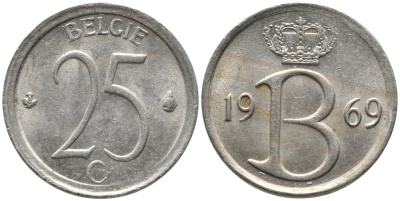 Бельгия 25 сантимов 1969 Belgie, Бодуэн I (1951-1993) KM 154.1 медно-никель 99-1211