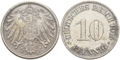 ГЕРМАНИЯ 10 ПФЕННИГОВ 1915 A J. 13, KM 12 медно-никель 73-1611
