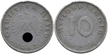 ГЕРМАНИЯ 10 РЕЙХСПФЕННИГОВ 1942 A KM 101, J. 371 цинк 4401-623