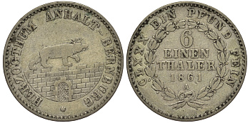 Ангальт-Бернбург 1/6 талера 1861 А, КМ 87, J. 71 серебро 00-00
