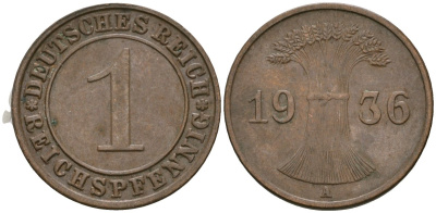 Германия 1 рейхспфенниг 1936 A KM 37, J. 313 бронза 4528-726