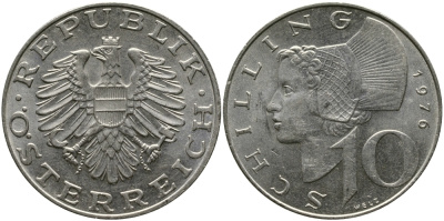 АВСТРИЯ 10 ШИЛЛИНГОВ 1976 KM 2918 никель плакированный медно-никелем 33-713