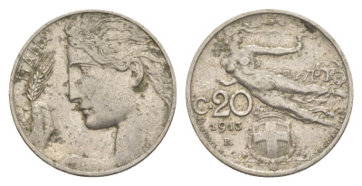 Италия 20 чентезимо 1913 R, Виктор Эммануил III (1900-1946) KM 44 никель 4617-716