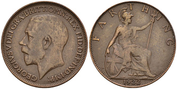 Великобритания 1 фартинг 1922 Георг V (1910-1936), светлая отделка KM 808.2, Spink 4060 бронза 4154-251