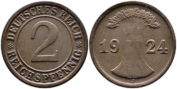 ГЕРМАНИЯ 2 РЕЙХСПФЕННИГА 1924 J KM 38, J. 314 бронза 4387-1144