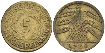 Германия 5 рейхспфеннигов 1924 A KM 39, J. 316 алюминиевая бронза 4151-713