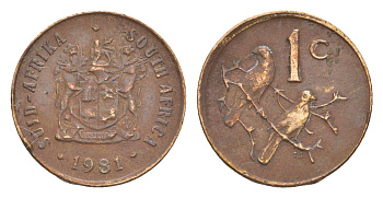 ЮАР 1 цент 1981 герб, капские воробьи KM 82 бронза 4651-814