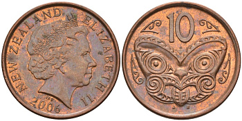 Новая Зеландия 10 центов 2006 Елизавета II (1952-2022), маска маори KM 117а сталь плакированная медью 106-1154