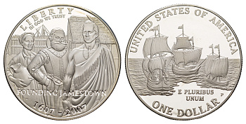 США 1 доллар 2007 P, 400 лет первому поселению Джеймстаун, оригинальная коробка, сертификат KM 405 серебро  PROOF  3-6-5-21