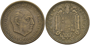 Испания 1 песета 1947 (54) Франсиско Франко (1939 - 1975) KM 775 алюминиевая бронза 4155-326