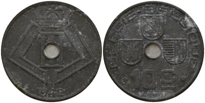 Бельгия 10 сантимов 1942 Belgie - Belgique, Леопольд III (1934-1947), германская оккупация, Вторая мировая война KM 126 цинк 4161-331