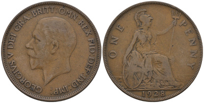 Великобритания 1 пенни 1928 Георг V (1910-1936) КМ 826, Spink 4054 бронза 4112-723