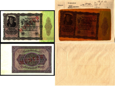 Германия 50000 марок 1922 19 ноября, MUSTER, образец, Specimen. В оригинальном банковском конверте. Из коллекции Отто Сейфферта (помощник Ялмара Шахта - министра экономики Германии и президента Рейхсбанка времен третьего рейха) Pick 80 s, Grabowski DEU 89