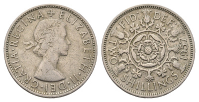 Великобритания 2 шиллинга (флорин) 1957 Елизавета II (1952-2022) KM 906, Spink 4146 медно-никель 4692-345