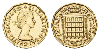 Великобритания 3 пенса 1967 Елизавета II (1952-2022) KM 900, Spink 4153 никель латунь 4631-1157