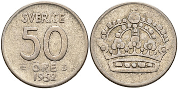 Швеция 50 эре 1952 TS, Густав VI Адольф (1950-1973) KM 825 серебро 4148-921